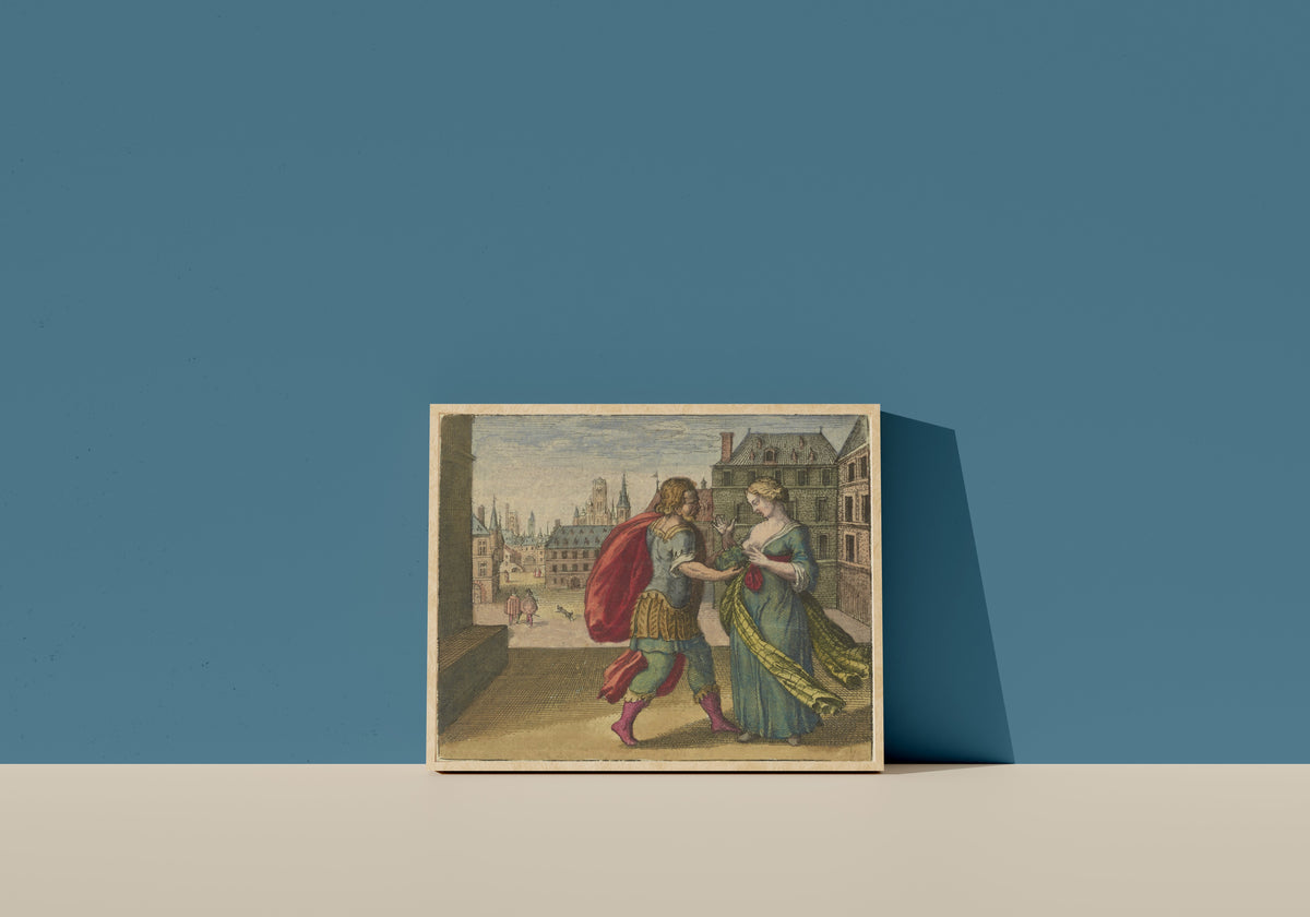 Framed art print of Atalanta Fugiens, Emblem 5: Put a Toad to the Woman's Breast by Michael Maier, in a light wood frame leaning on a blue wall