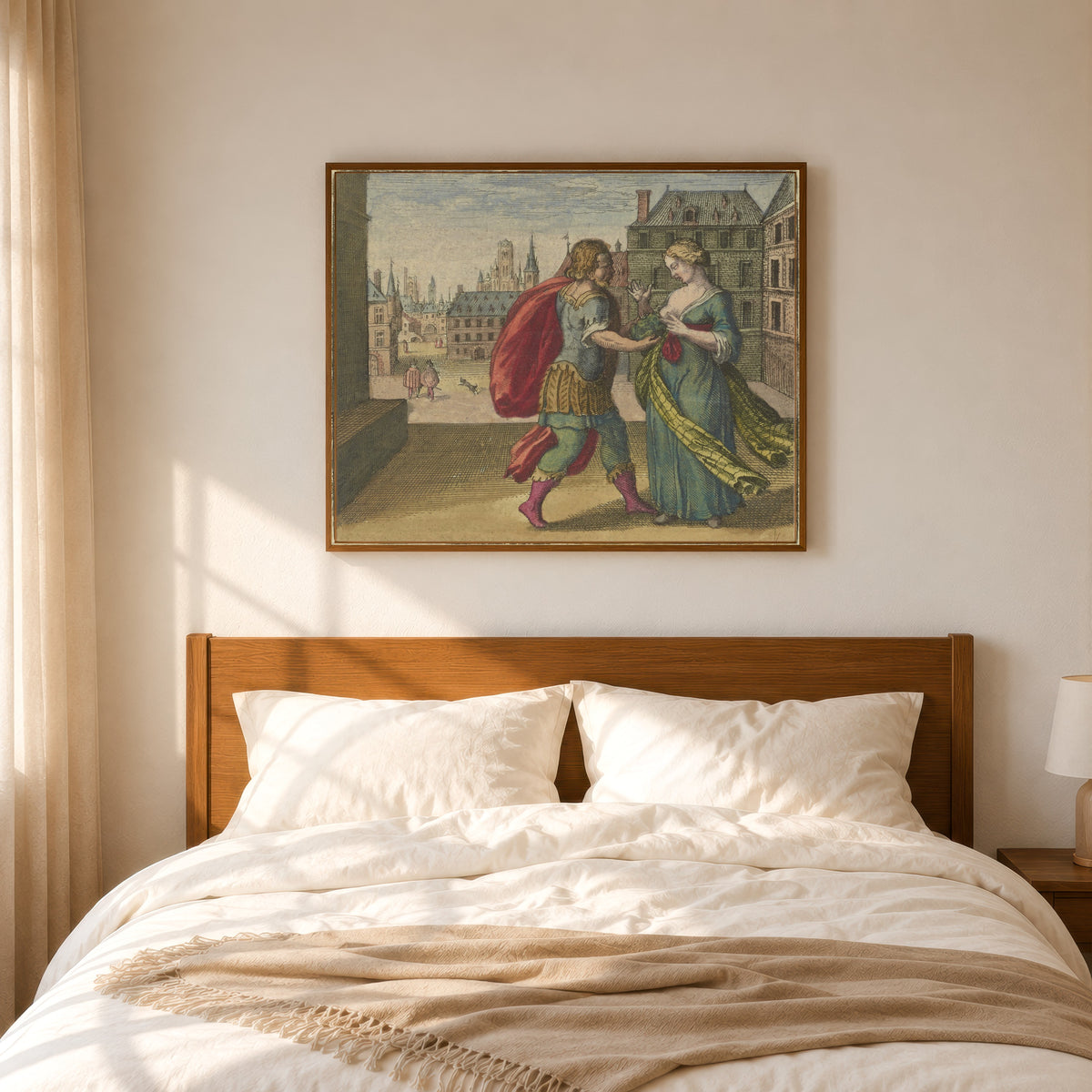 Framed art print of Atalanta Fugiens, Emblem 5: Put a Toad to the Woman's Breast by Michael Maier, in a slim wood frame above a bed in a sunlit bedroom