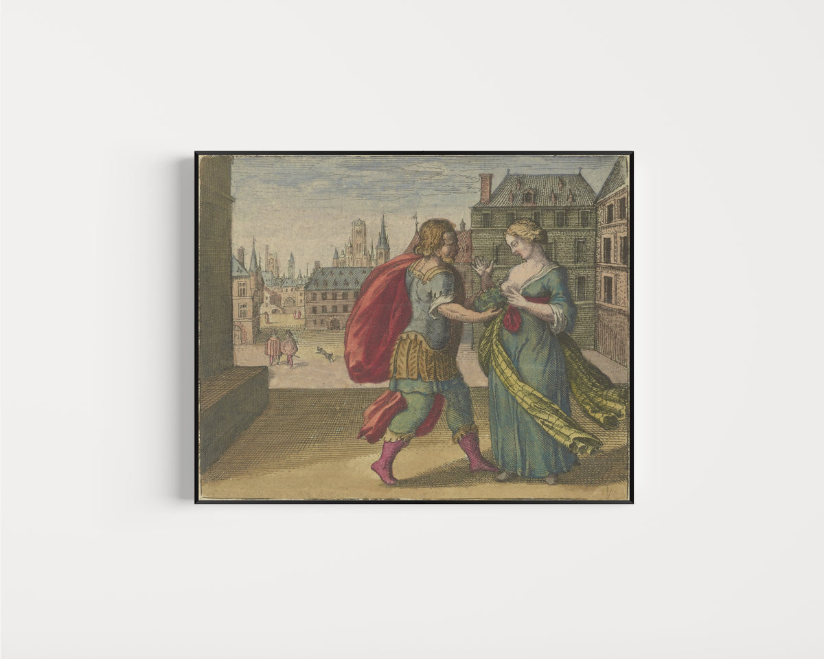 Framed art print of Atalanta Fugiens, Emblem 5: Put a Toad to the Woman's Breast by Michael Maier, in a slim black frame on a plain white wall