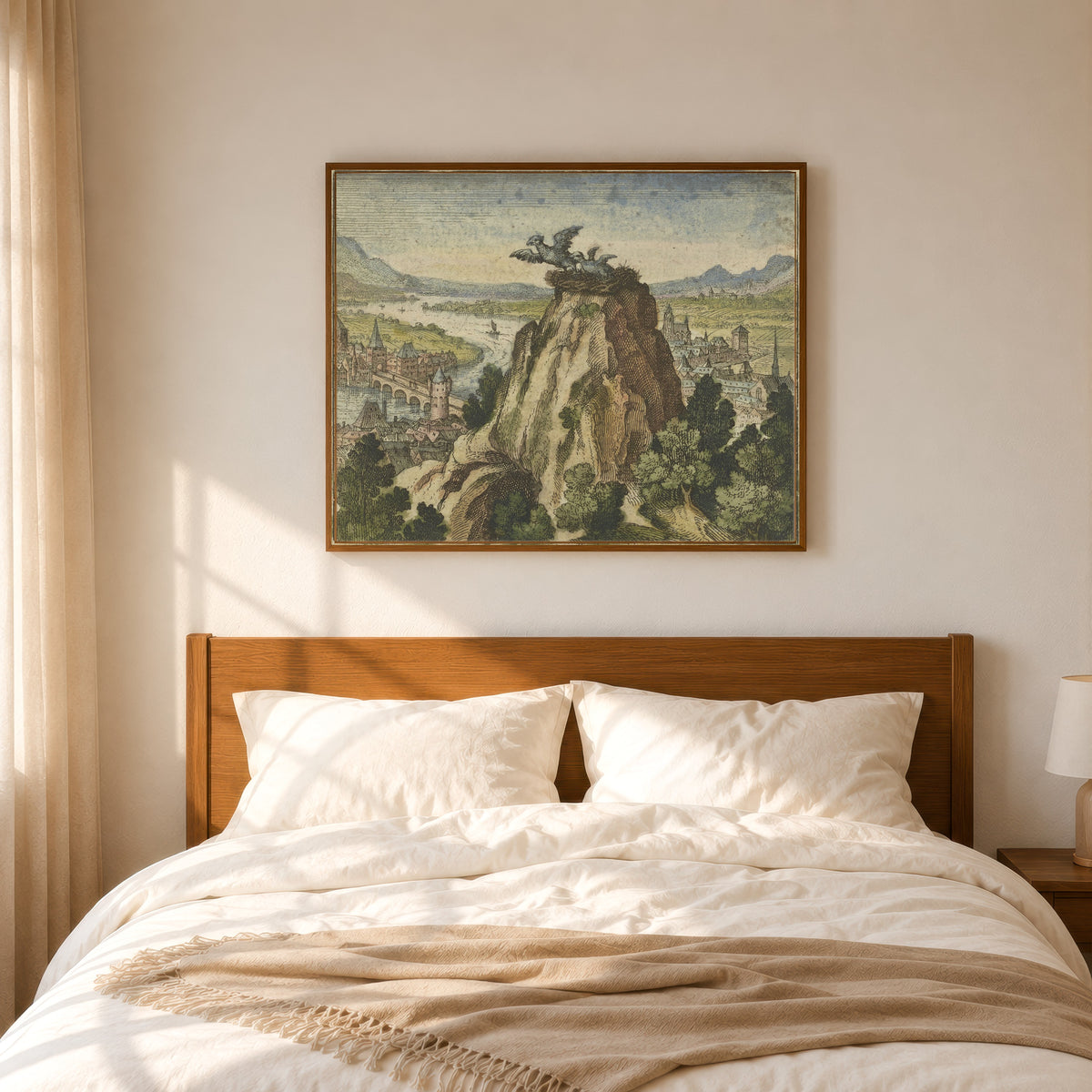 Framed art print of Atalanta Fugiens, Emblem 7: A Young Chick Attempts to Fly Out of… by Michael Maier, in a slim wood frame above a bed in a sunlit bedroom