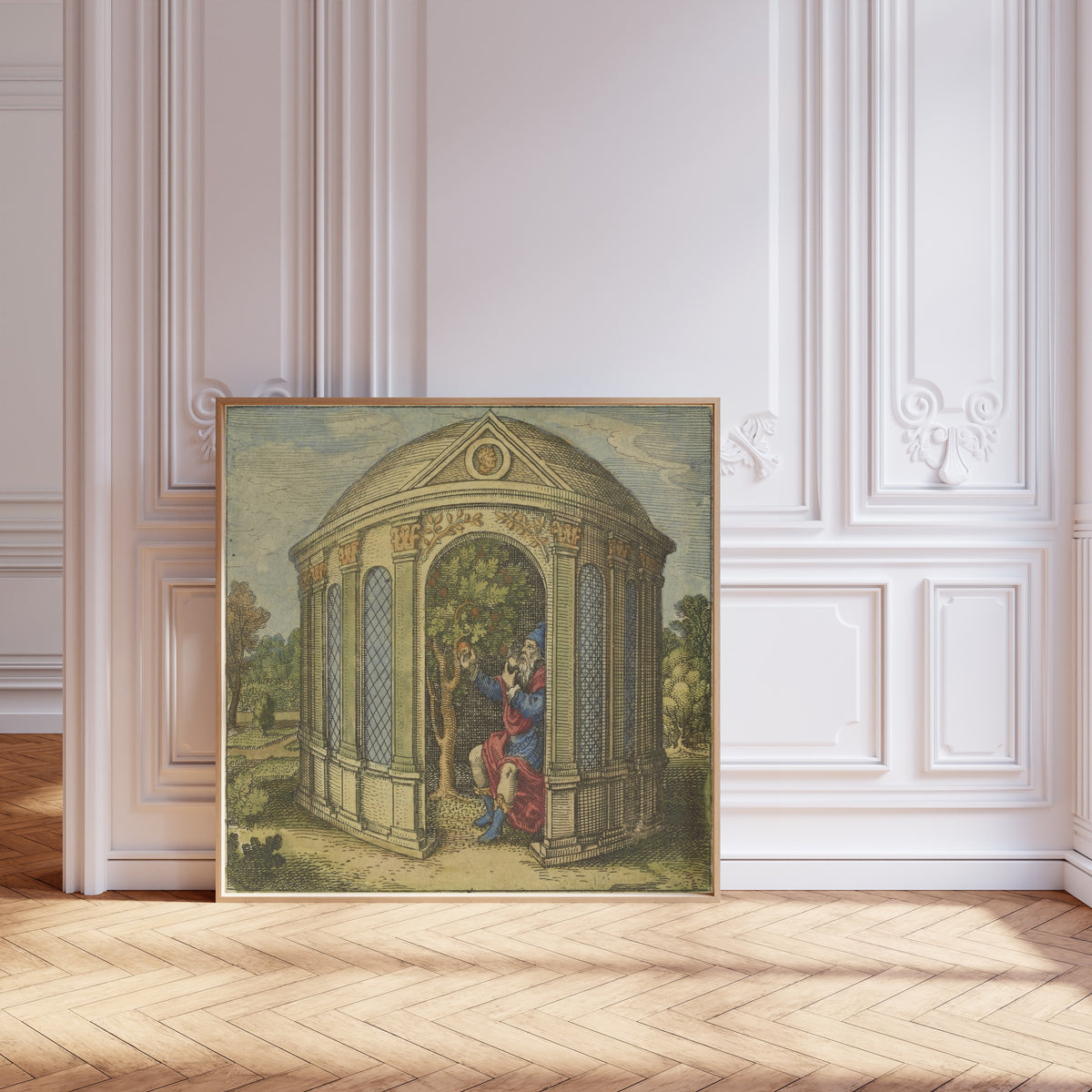 Framed art print of Atalanta Fugiens, Emblem 9: The Tree With the Old Man in a… by Michael Maier, leaning against pale pink panelling on a herringbone floor