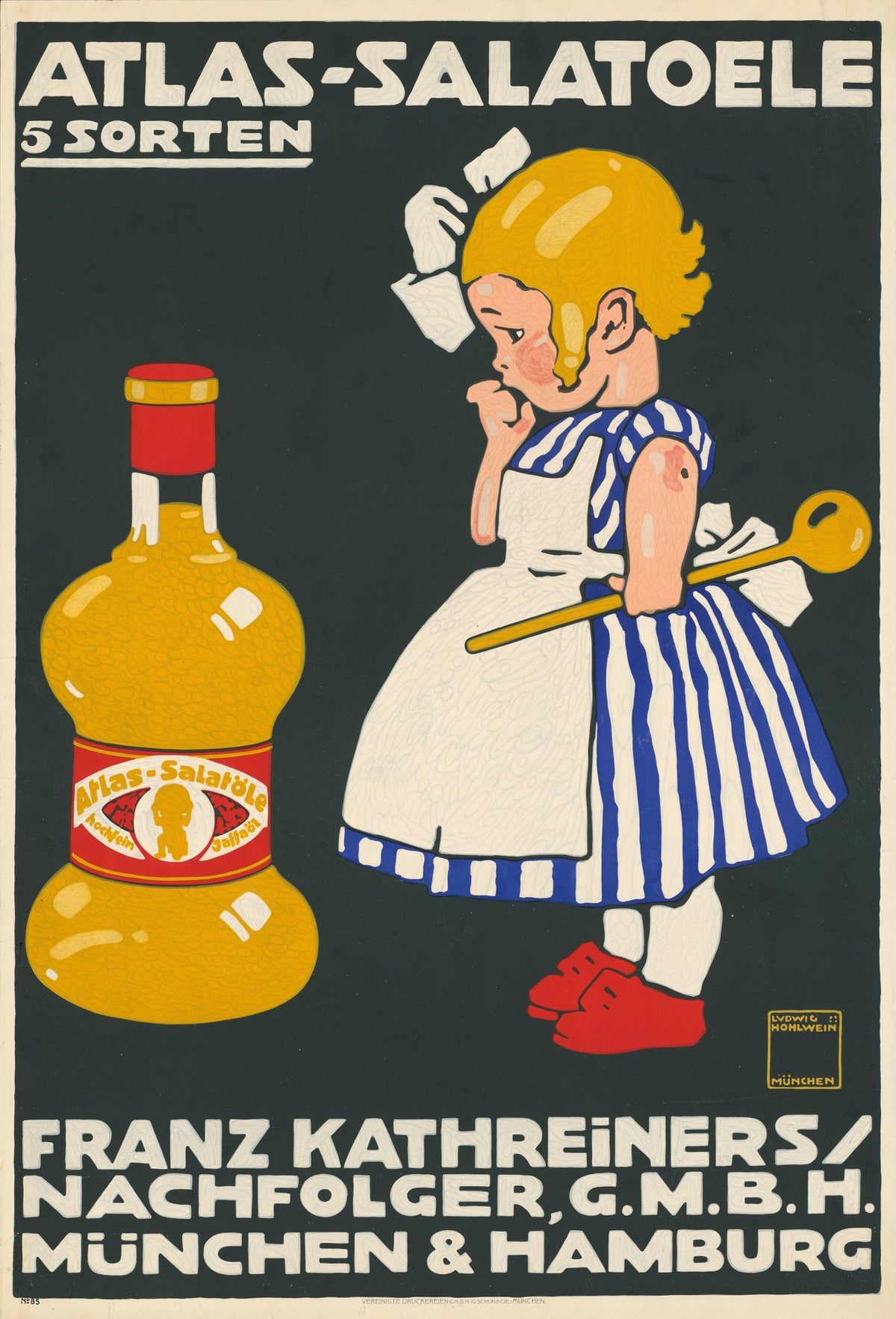 Atlas-Salatöle: 5 Sorten, München & Hamburg by Ludwig Hohlwein — A girl in a striped dress studies a big bottle of oil