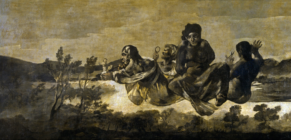 Atropos (The Fates) by Francisco de Goya — Four grim figures drift through the air above a dark river valley