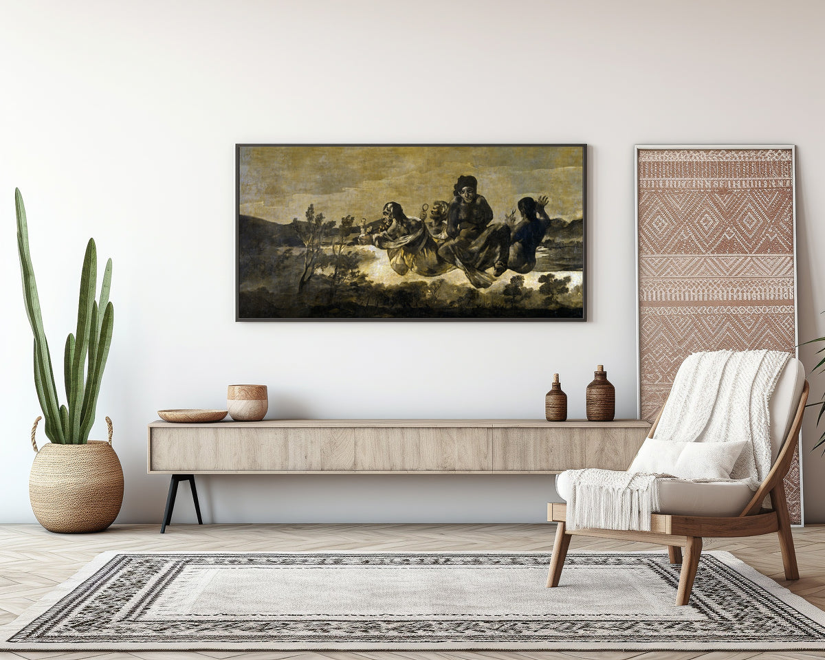 Framed art print of Atropos (The Fates) by Francisco de Goya, above a sideboard in a living room