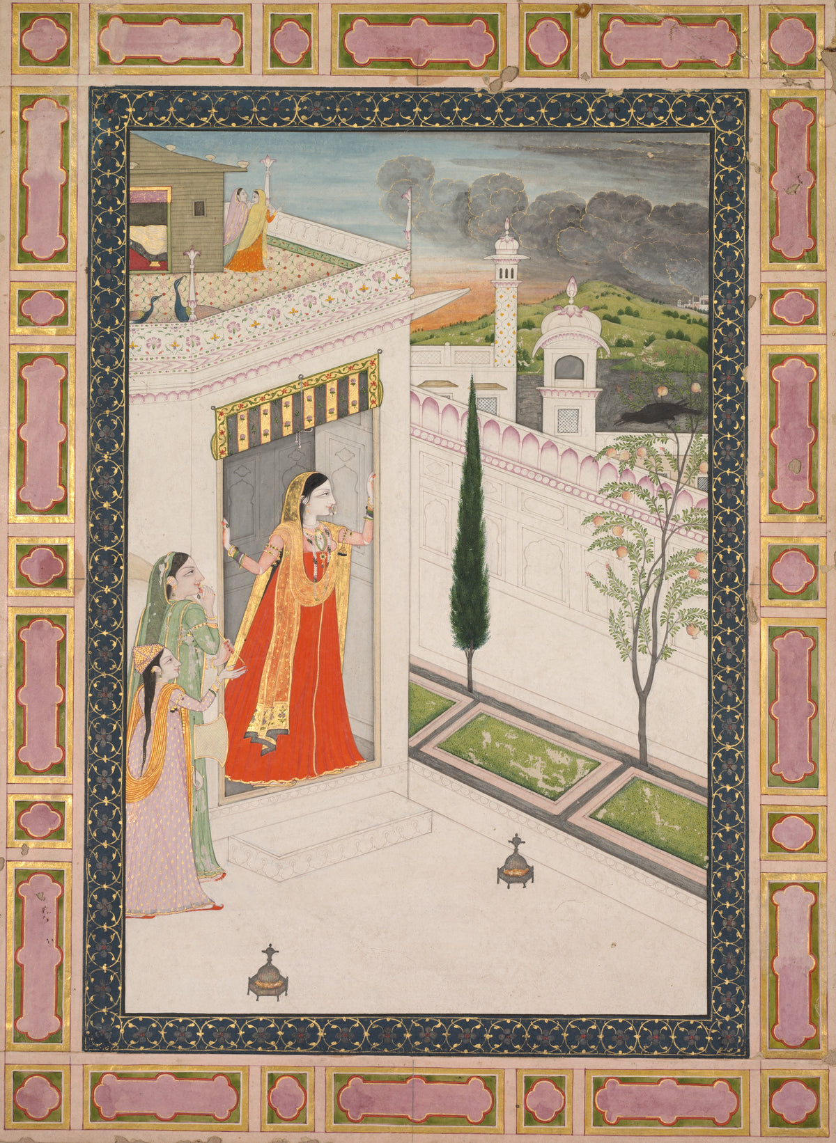 Augury of the crow (Vasakasajja Nayika) by Pahari school — A heroine at a palace door under gathering storm clouds