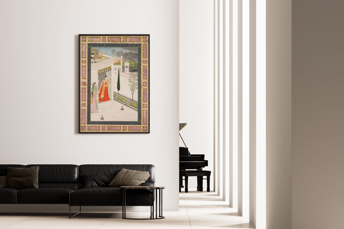 Framed art print of Augury of the crow (Vasakasajja Nayika) by Pahari school, on the wall of a minimal living room