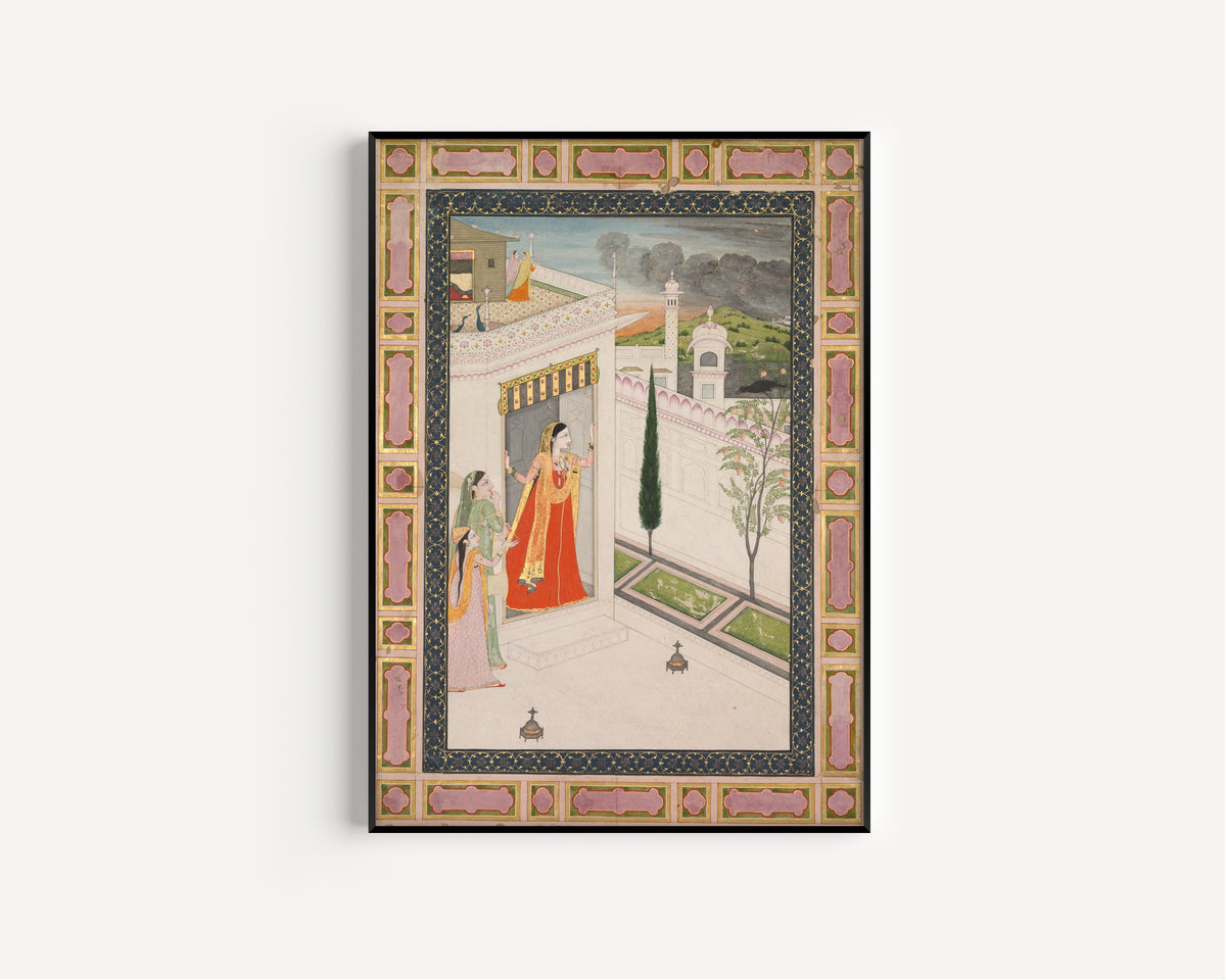 Framed art print of Augury of the crow (Vasakasajja Nayika) by Pahari school, in a slim black frame on a plain white wall