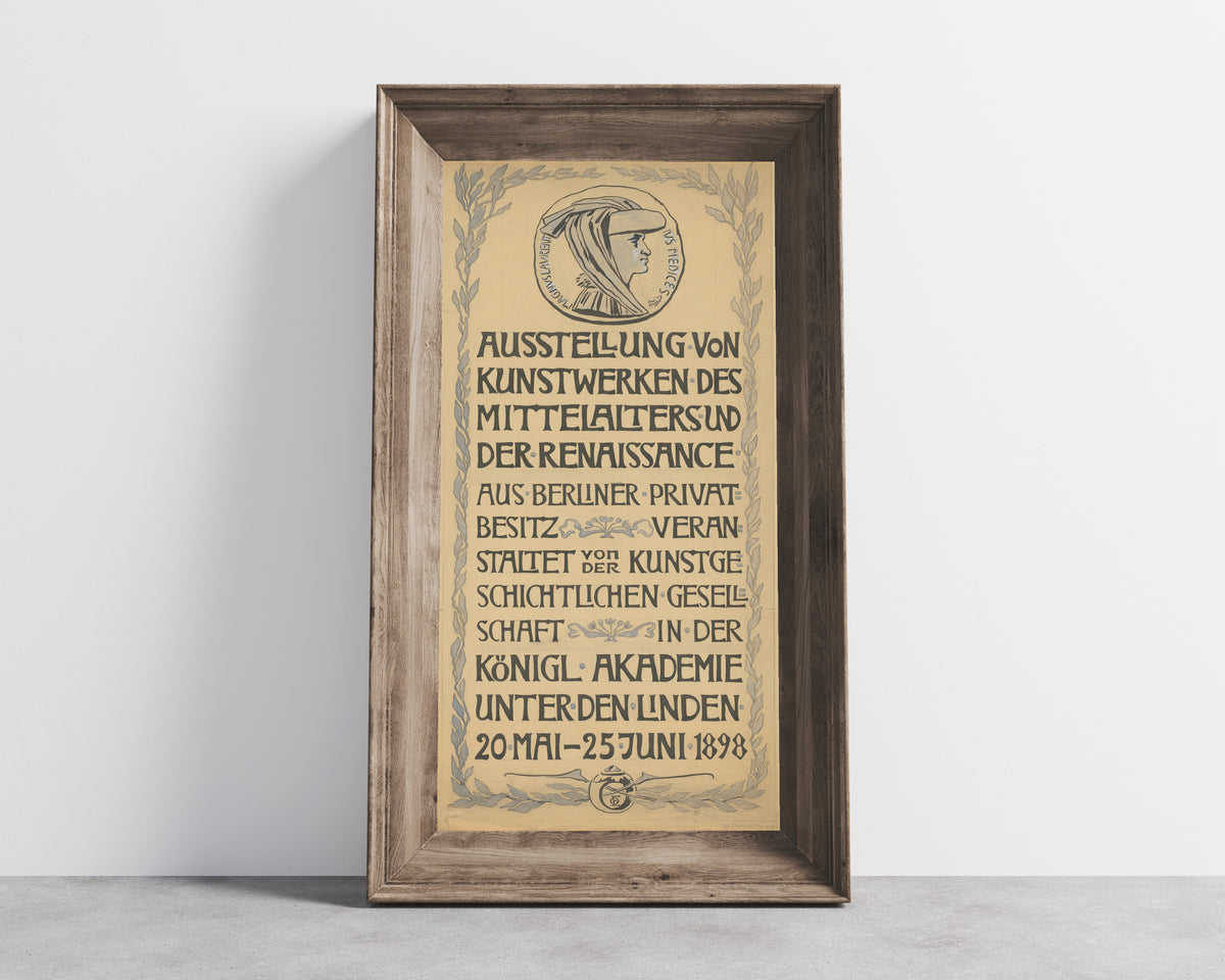 Framed art print of Ausstellung von Kunstwerken des Mittelalters und der Renaissance by Otto Eckmann, in a wide wooden frame leaning against a concrete wall