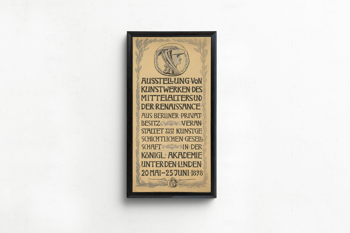 Framed art print of Ausstellung von Kunstwerken des Mittelalters und der Renaissance by Otto Eckmann, in a slim black frame on a plain white wall