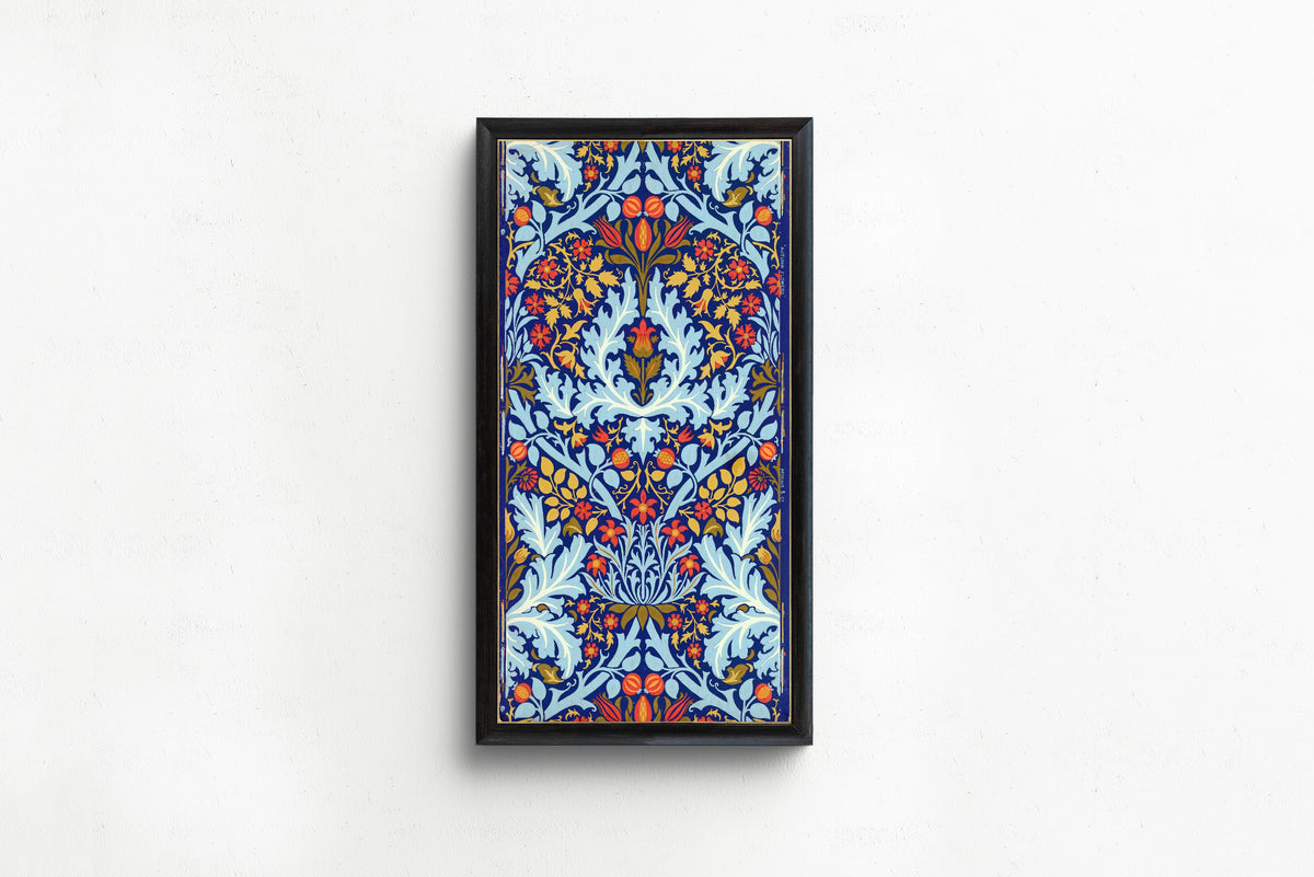 Framed art print of Autumn Flowers by William Morris, in a slim black frame on a plain white wall