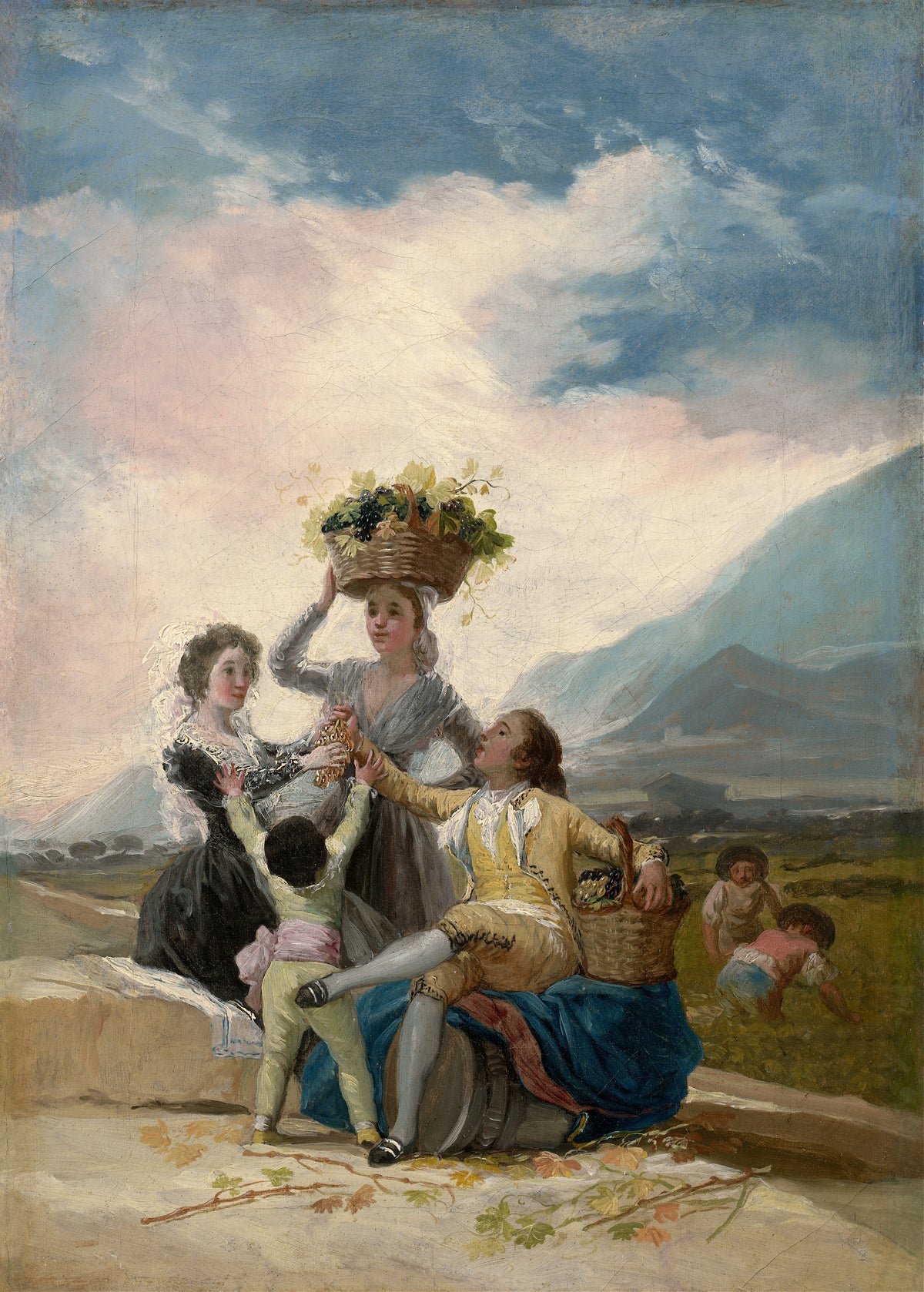 Autumn by Francisco de Goya — A grape harvest under a pink and blue sky
