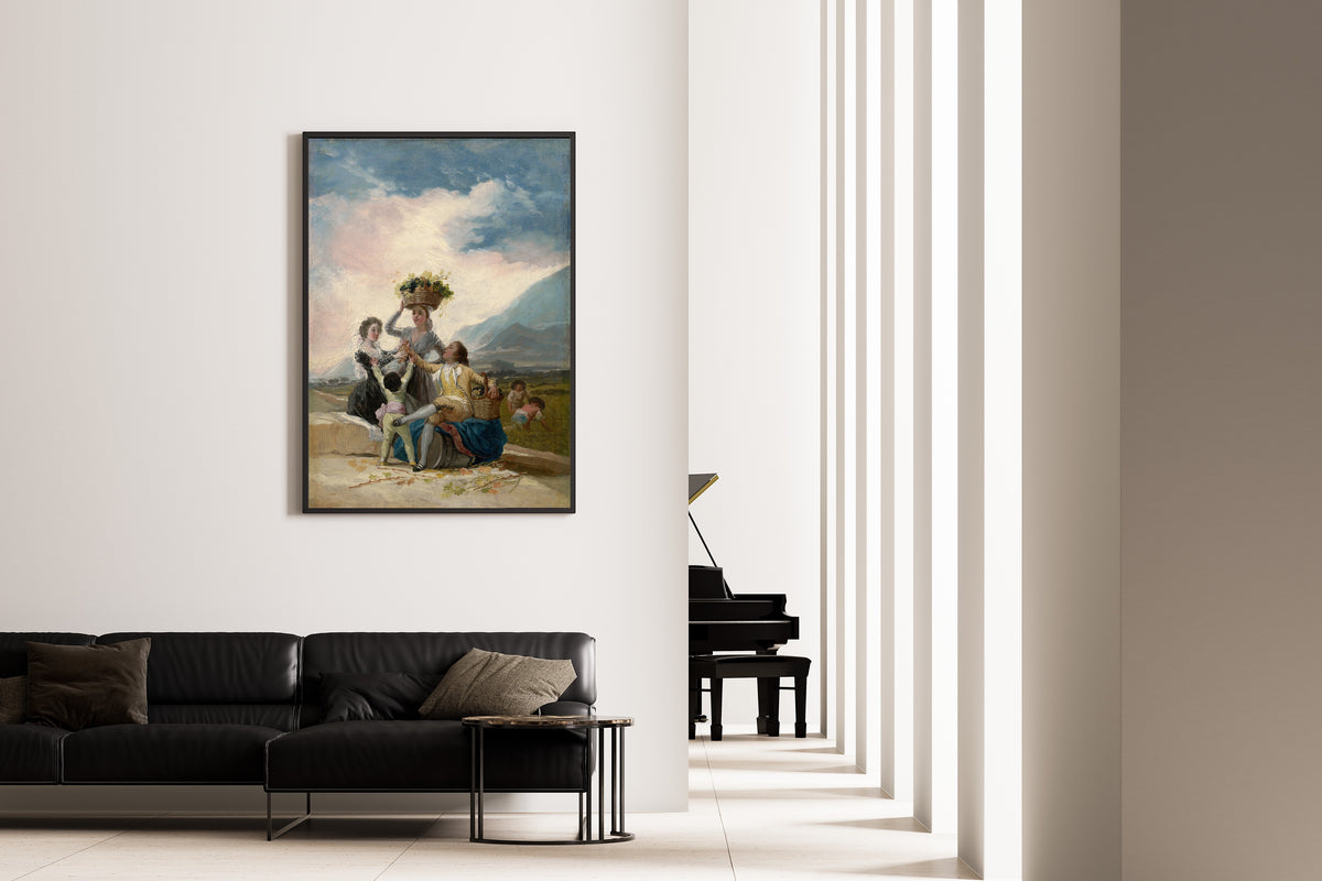 Framed art print of Autumn by Francisco de Goya, on the wall of a minimal living room