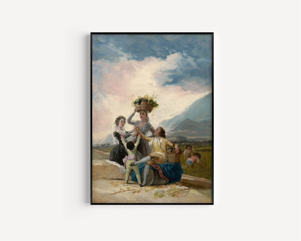 Framed art print of Autumn by Francisco de Goya, in a slim black frame on a plain white wall