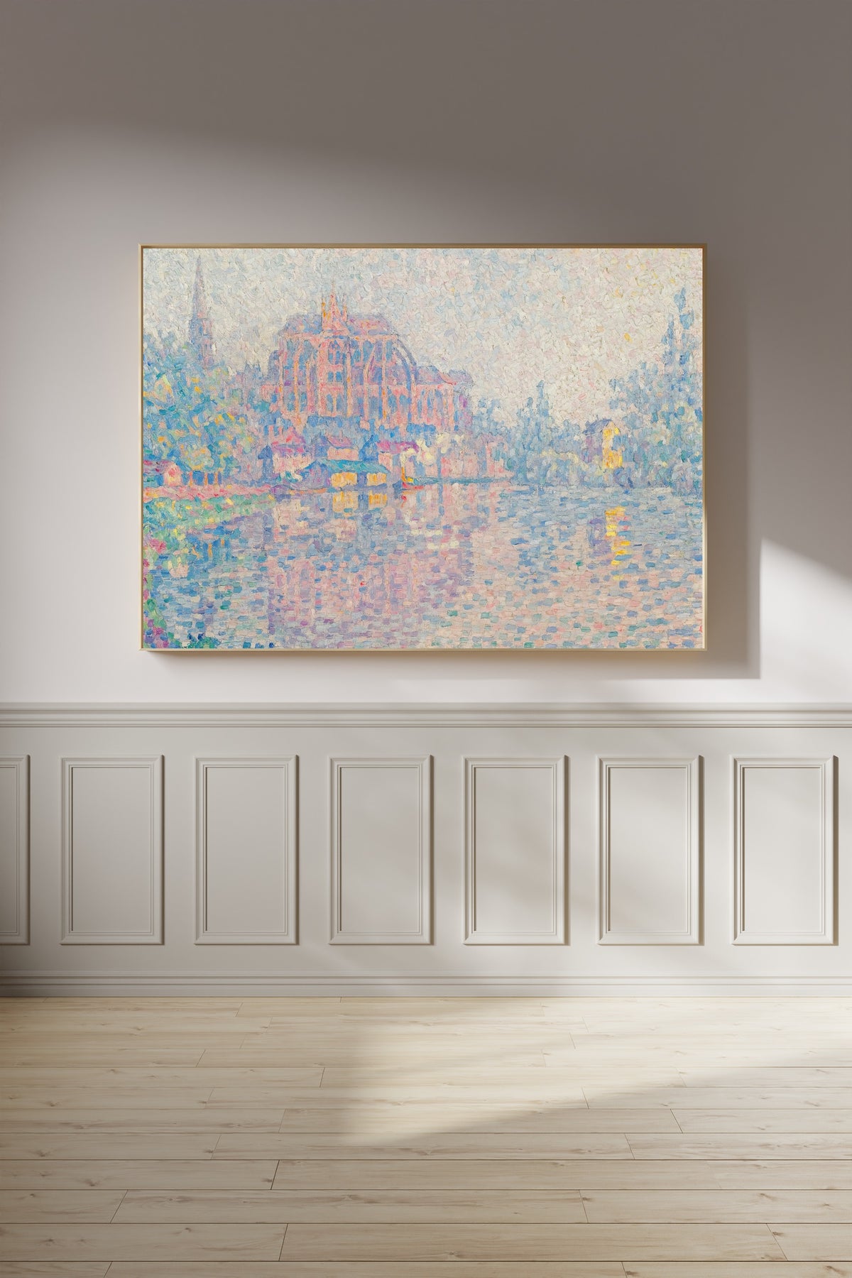 Framed art print of Auxerre, The River by Paul Signac, on a panelled wall in afternoon light