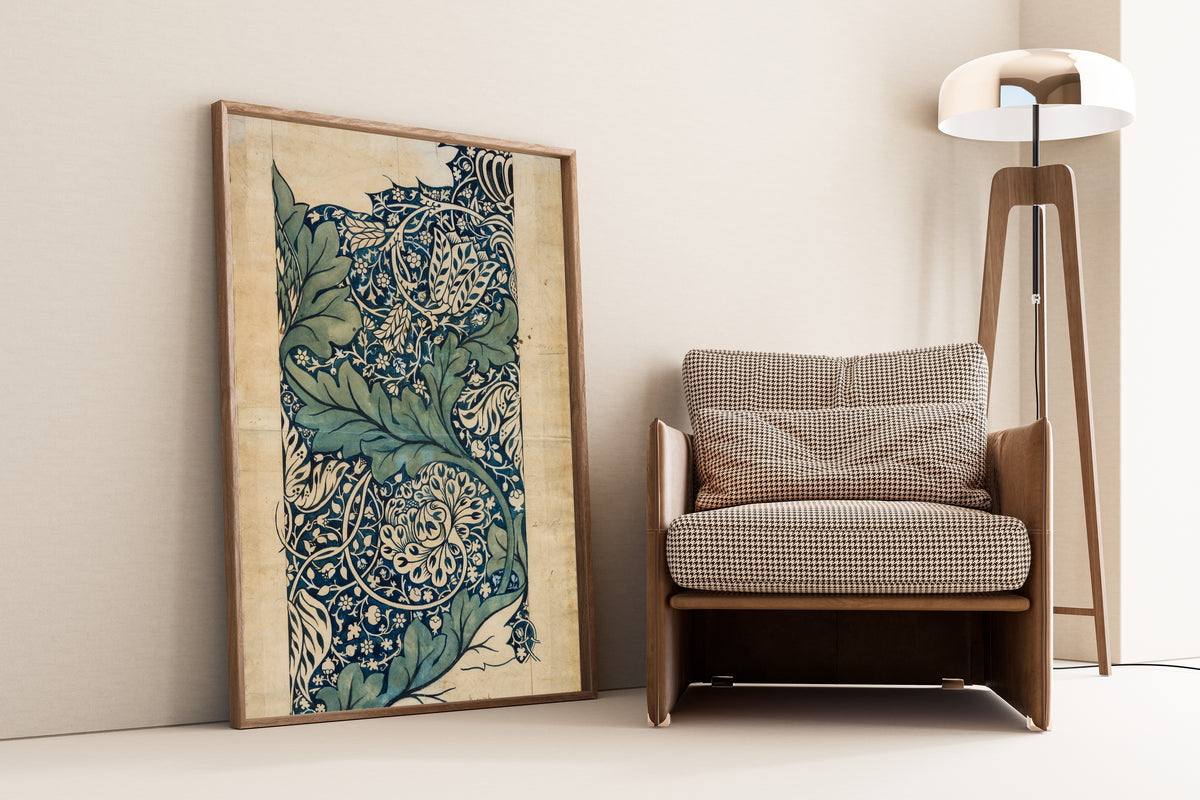 Framed art print of Avon (Design Drawing) by William Morris, leaning against a wall beside an armchair and a floor lamp