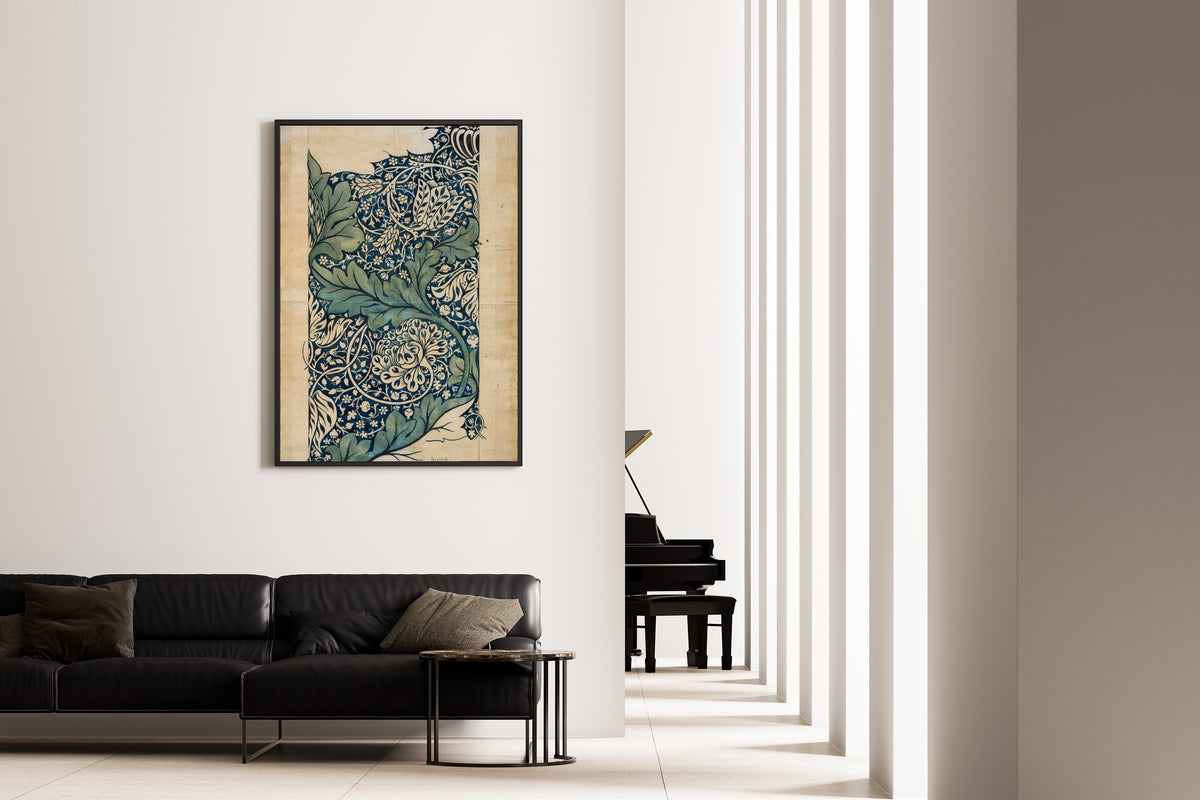 Framed art print of Avon (Design Drawing) by William Morris, on the wall of a minimal living room