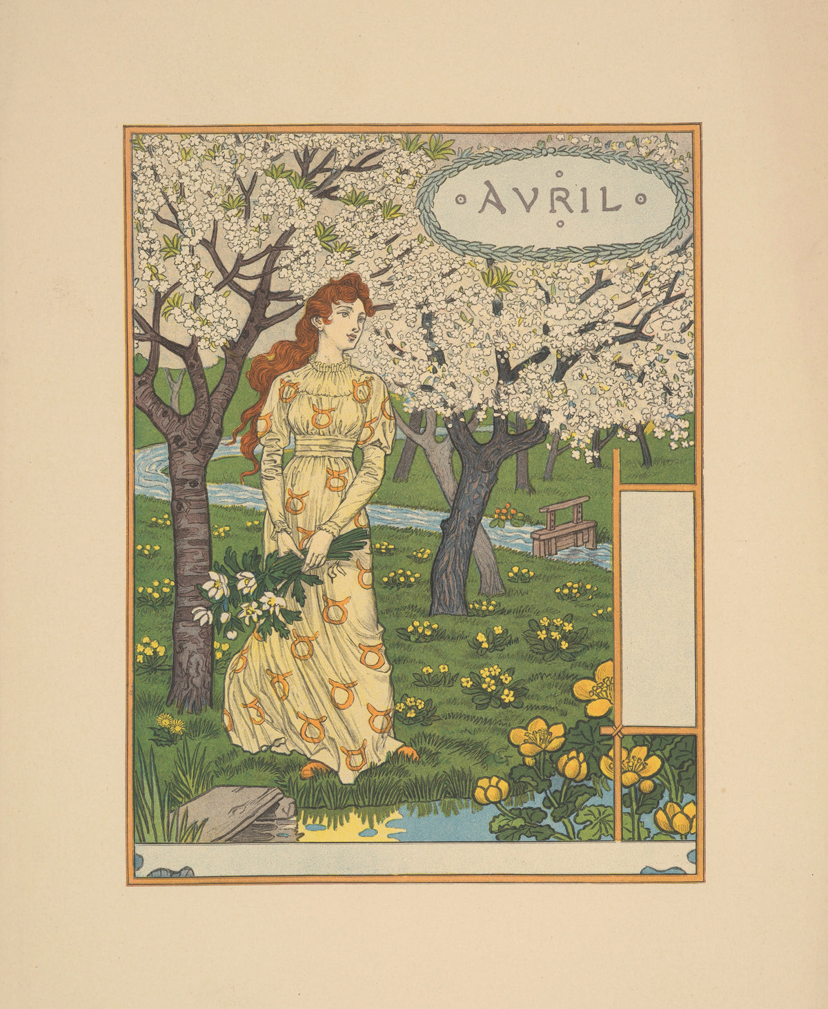 Avril by Eugène Grasset — A woman in yellow walks among white-blossomed trees by a stream