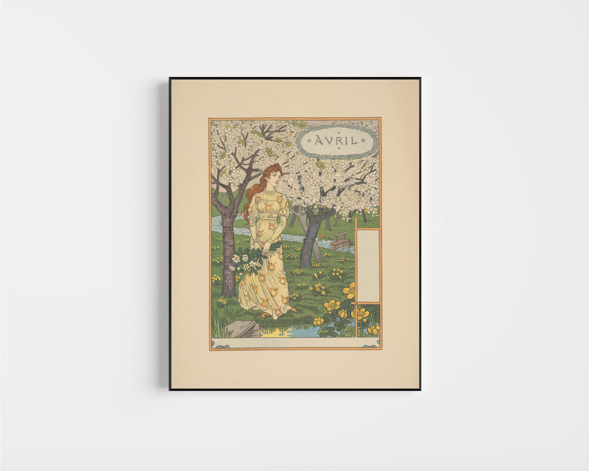 Framed art print of Avril by Eugène Grasset, in a slim black frame on a plain white wall