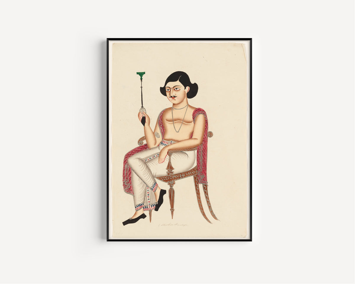 Kalighat painter — Babu Holding a Hookah (White Waistcloth) | Kalighat Painting Print