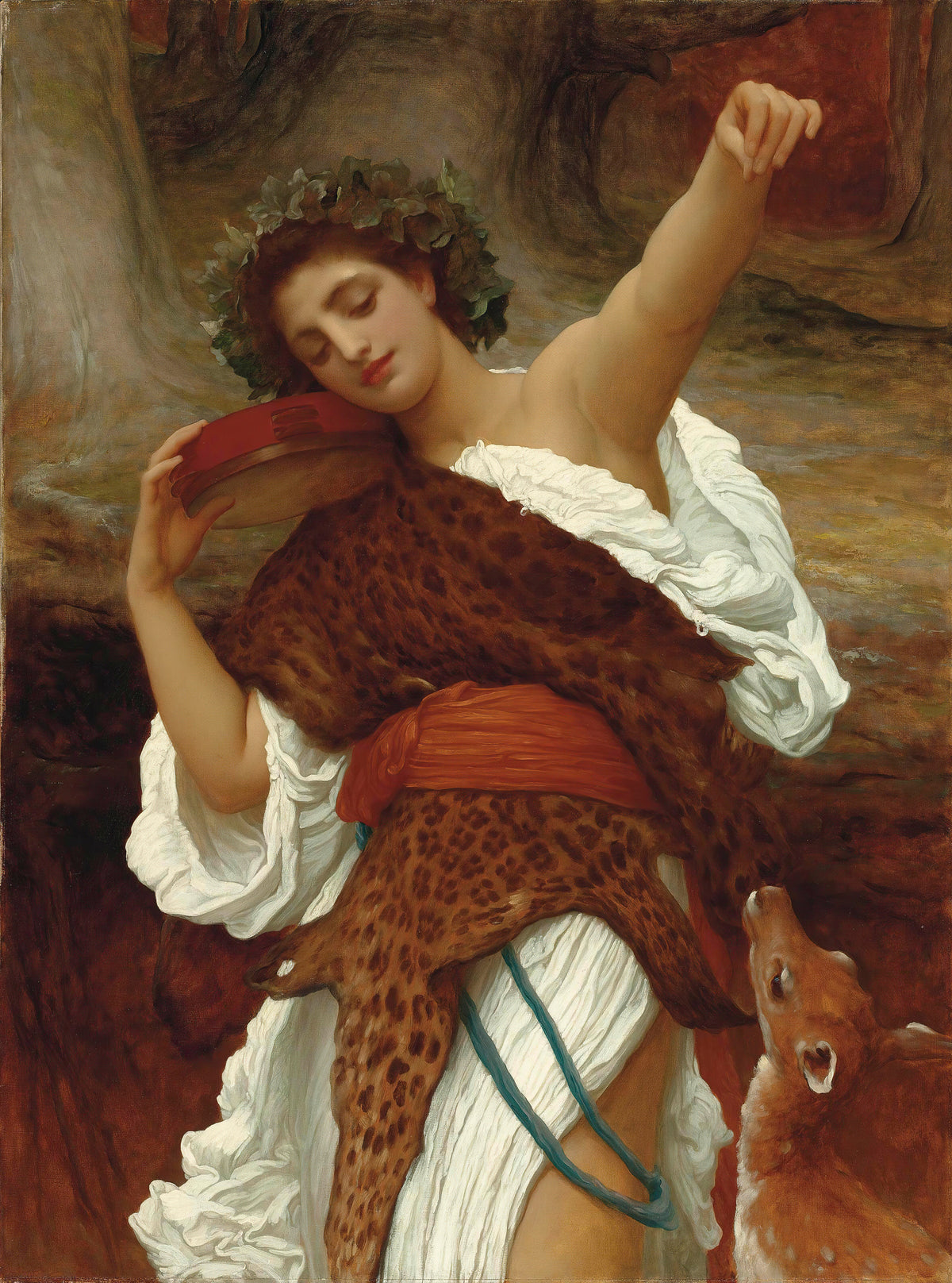Bacchante by Frederic Leighton — A wreathed dancer lifts her arm, a red tambourine at her shoulder