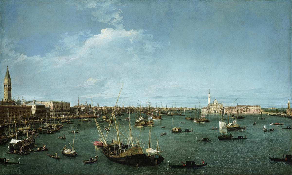 Bacino di San Marco, Venice by Canaletto — A sunlit lagoon crowded with ships and gondolas