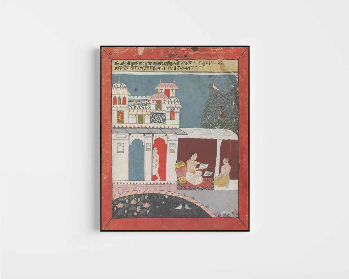 Framed art print of Bangala Ragini by Malwa school, in a slim black frame on a plain white wall
