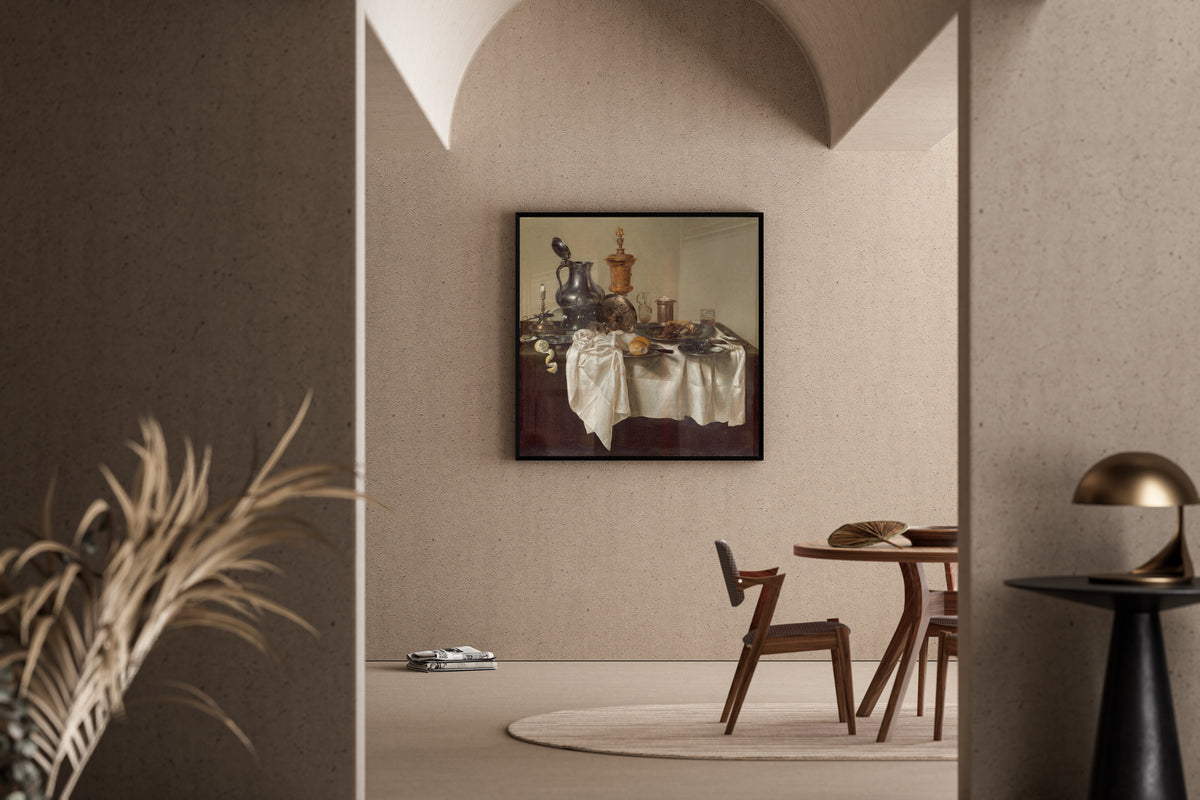 Banquet Piece with Mince Pie by Willem Claesz. Heda — framed in a sunlit dining corner