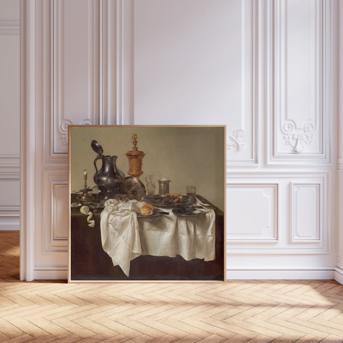Banquet Piece with Mince Pie by Willem Claesz. Heda — framed and leaning against pale pink panelling on a herringbone floor