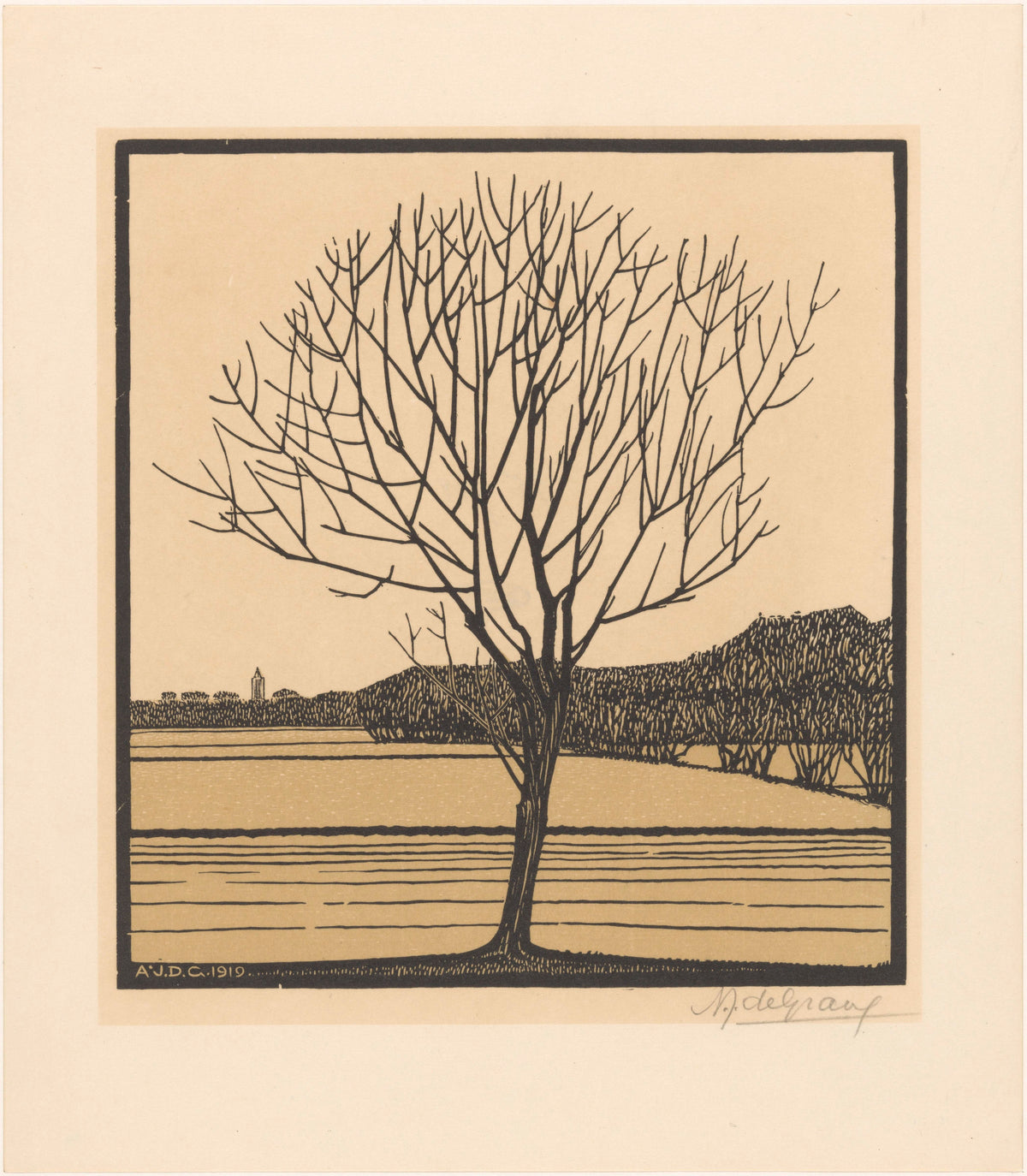 Julie de Graag — Bare Tree in Field | Woodcut Print