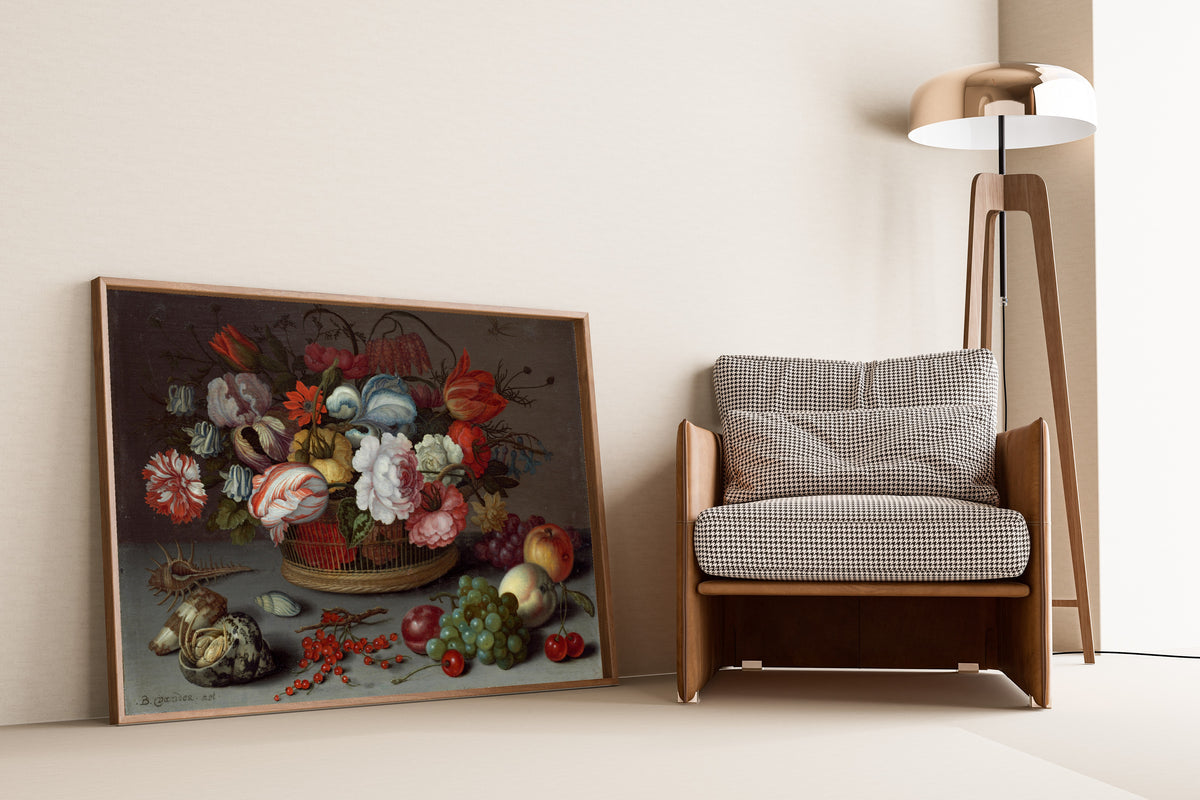 Basket of Flowers by Balthasar van der Ast — framed and leaning against a wall beside an armchair and a floor lamp