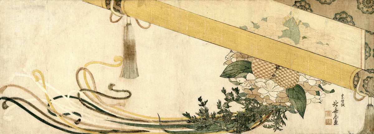 Basket of Flowers with Bamboo Blind by Katsushika Hokusai — A rolled yellow blind above a basket of white flowers and cords