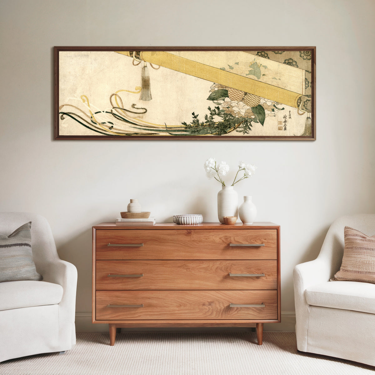 Framed art print of Basket of Flowers with Bamboo Blind by Katsushika Hokusai, above a wooden chest of drawers