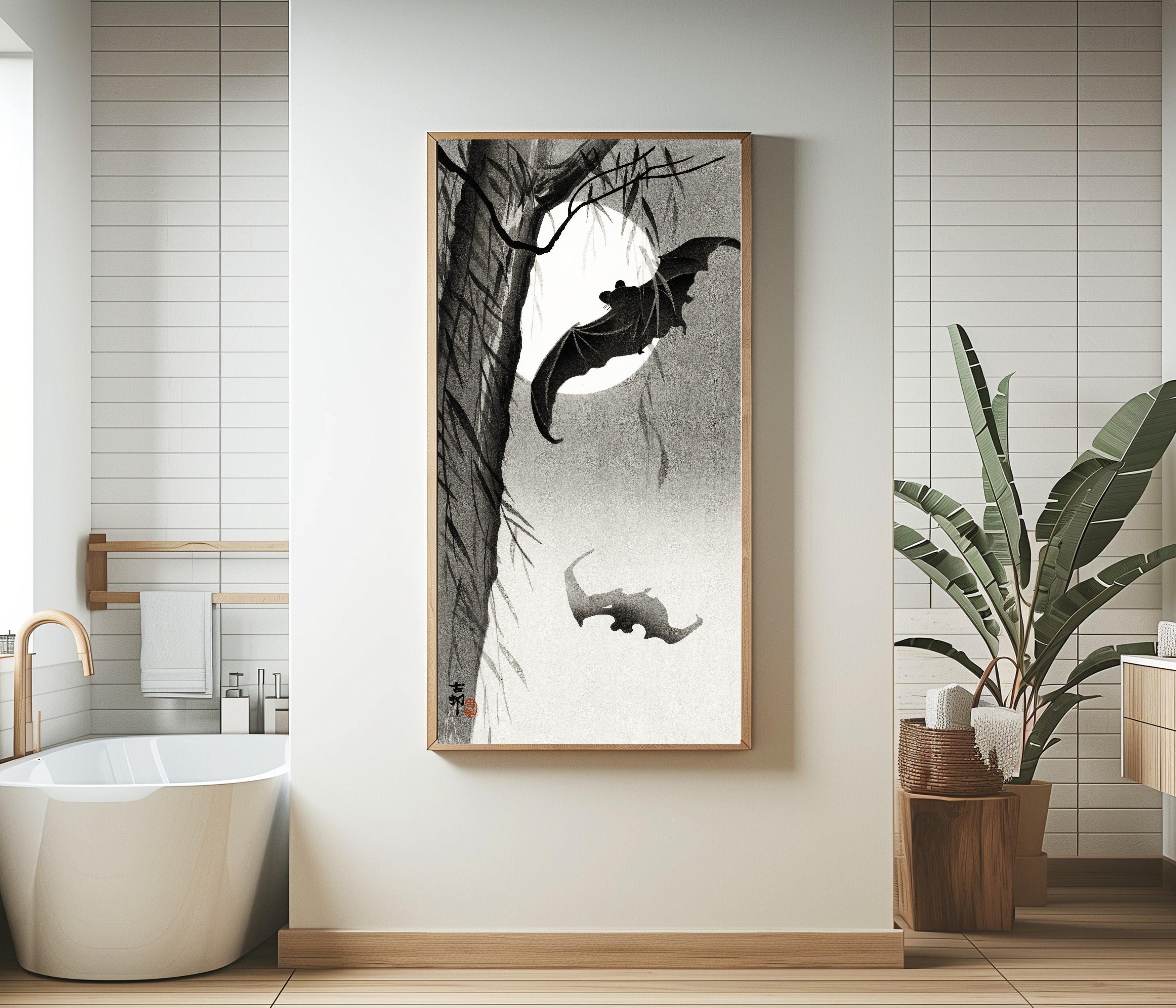 Ohara Koson — Bats Under the Full Moon | Japanese Bird & Flower Woodblock Print