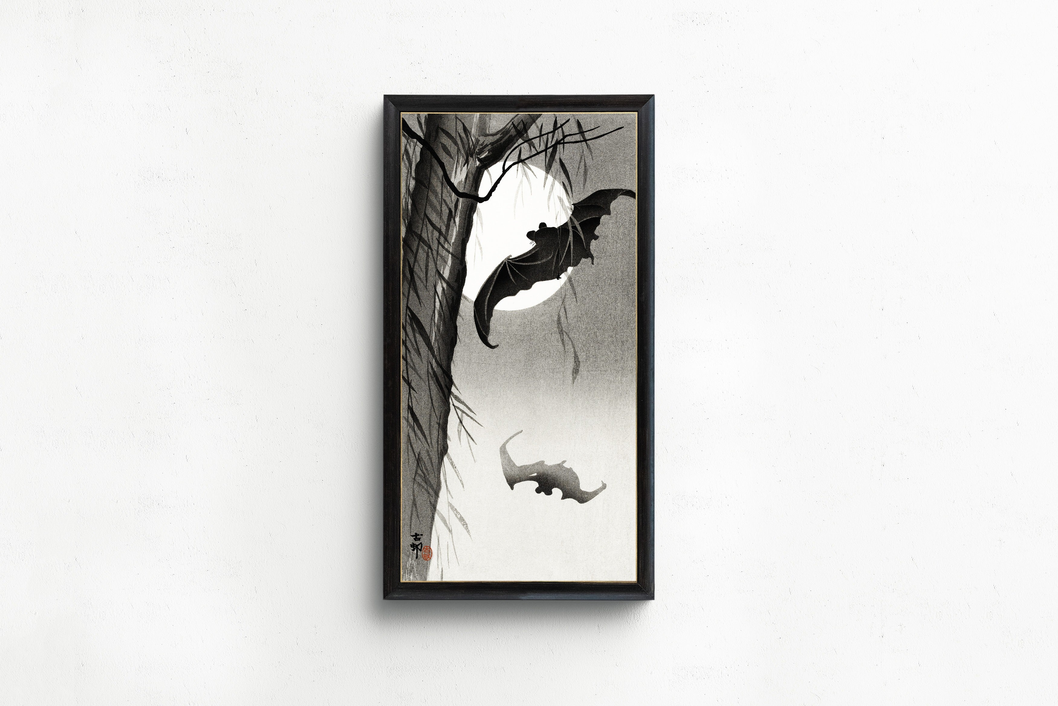 Ohara Koson — Bats Under the Full Moon | Japanese Bird & Flower Woodblock Print