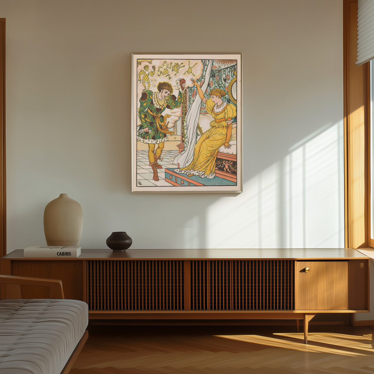 Framed art print of Beauty and the Beast: Plate 10 by Walter Crane, in a thin light frame on a sunlit wall above a wooden sideboard
