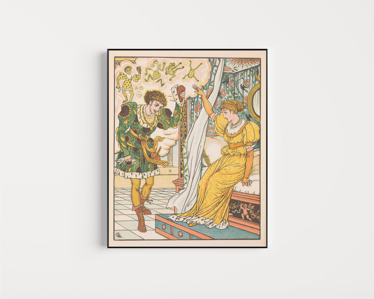 Framed art print of Beauty and the Beast: Plate 10 by Walter Crane, in a slim black frame on a plain white wall