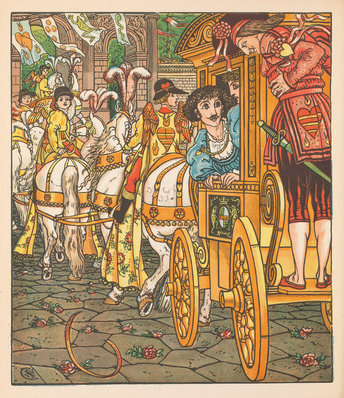 Beauty and the Beast: Plate 11 by Walter Crane — A gilded coach and winged riders in a procession of hearts