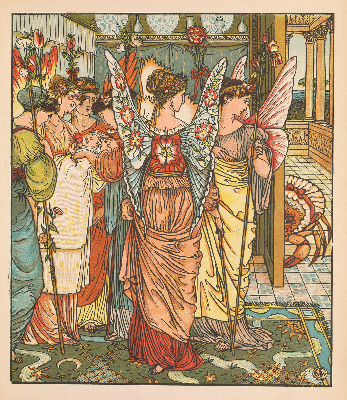 Beauty and the Beast: Plate 12 by Walter Crane — Winged women with flowered staves gather round a swaddled baby