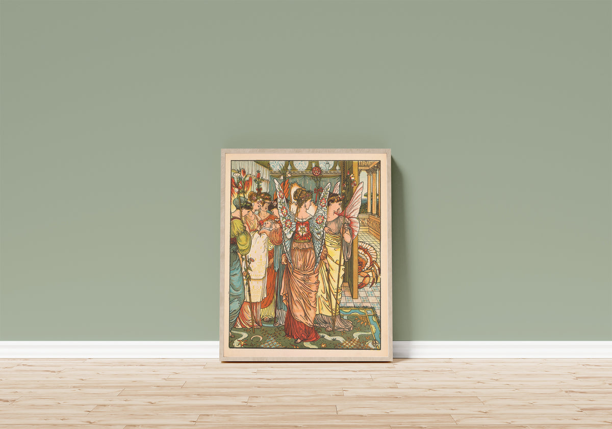 Framed art print of Beauty and the Beast: Plate 12 by Walter Crane, in a light wood frame leaning on a sage green wall above a wooden floor