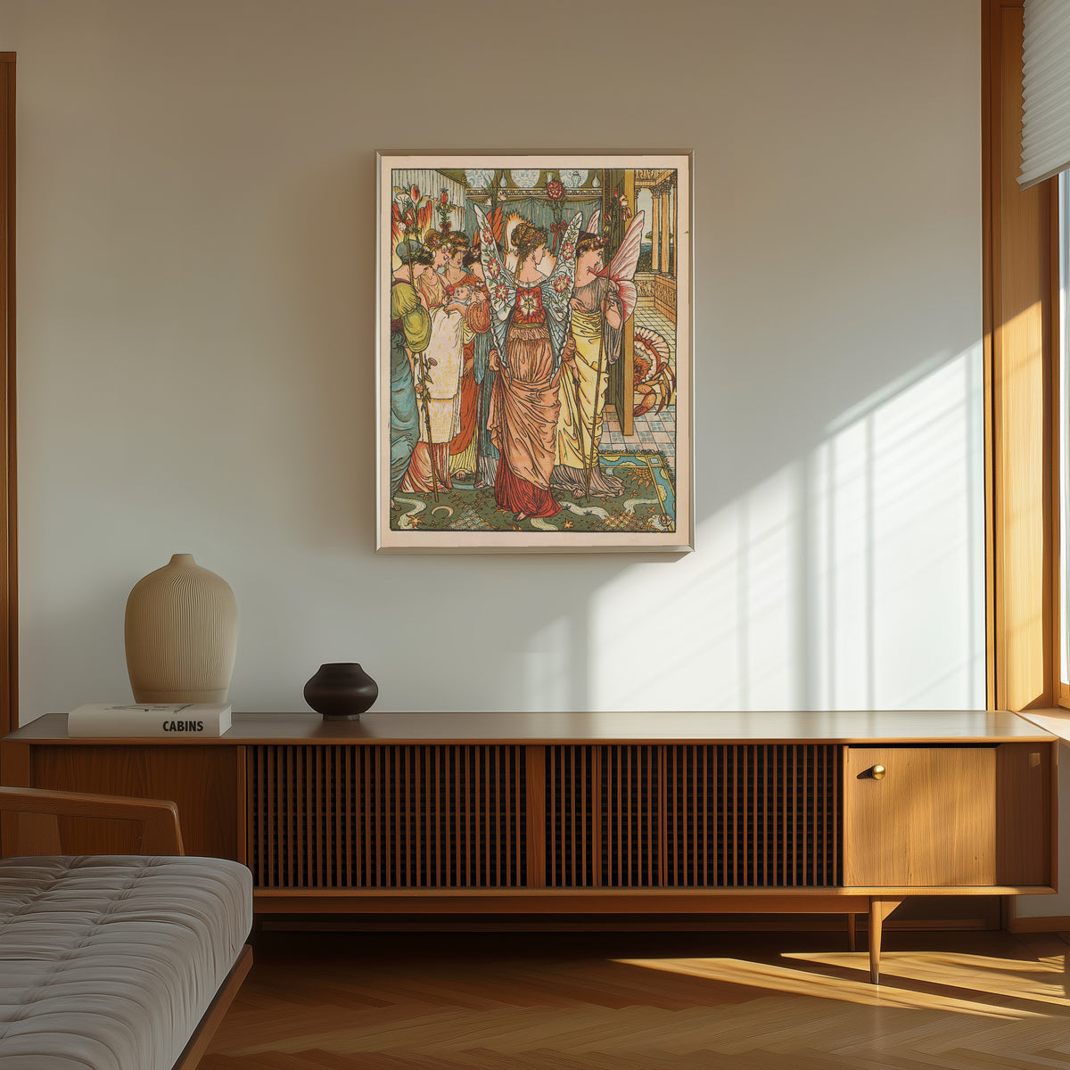 Framed art print of Beauty and the Beast: Plate 12 by Walter Crane, in a thin light frame on a sunlit wall above a wooden sideboard