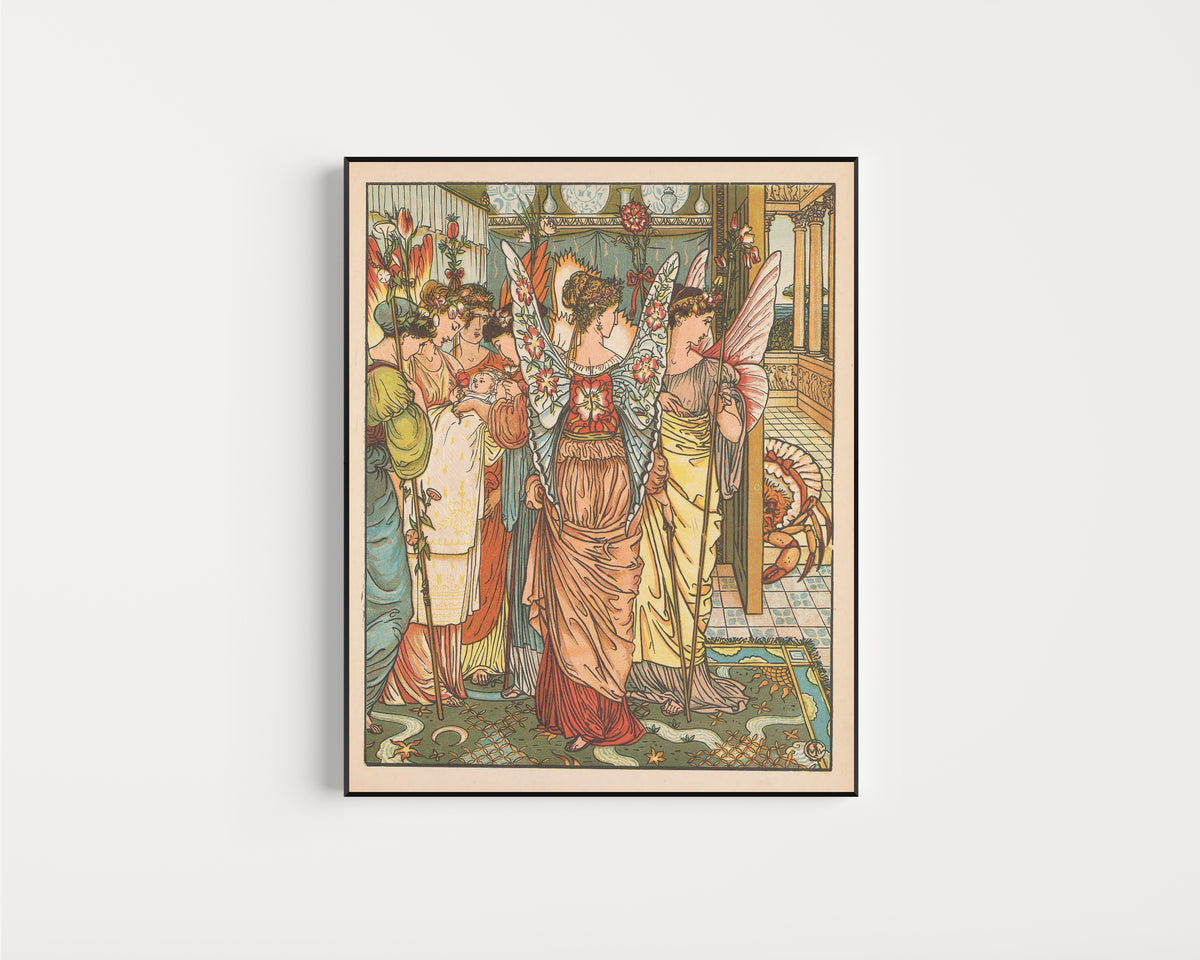Framed art print of Beauty and the Beast: Plate 12 by Walter Crane, in a slim black frame on a plain white wall