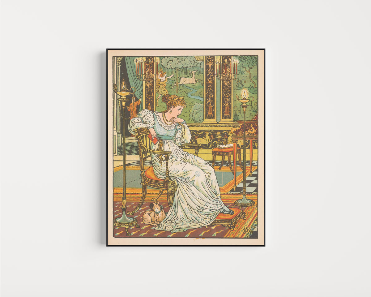 Framed art print of Beauty and the Beast: Plate 13 by Walter Crane, in a slim black frame on a plain white wall