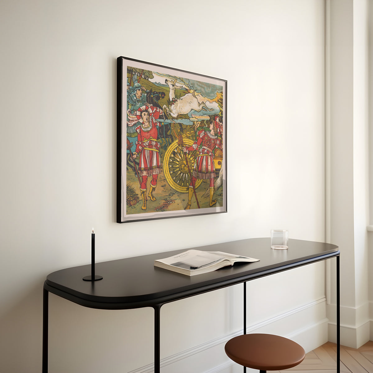 Framed art print of Beauty and the Beast: Plate 14 by Walter Crane, above a slim black console table