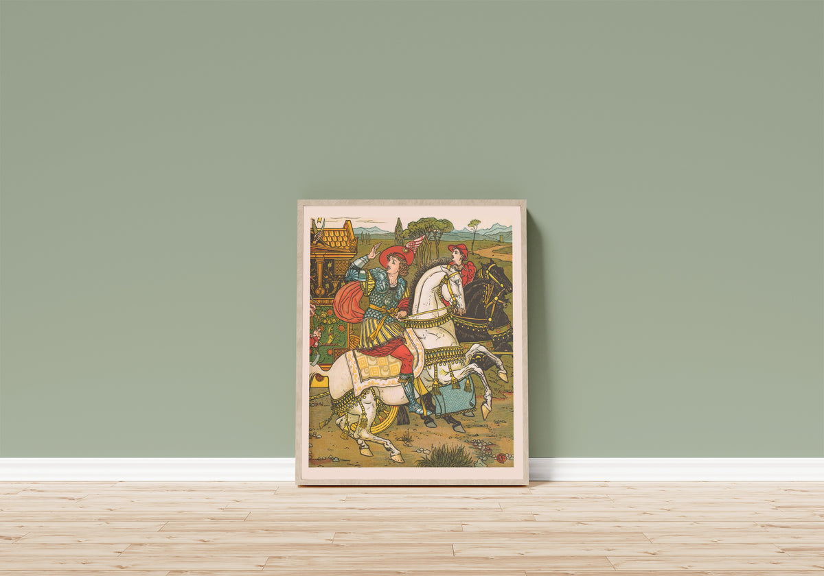 Framed art print of Beauty and the Beast: Plate 15 by Walter Crane, in a light wood frame leaning on a sage green wall above a wooden floor