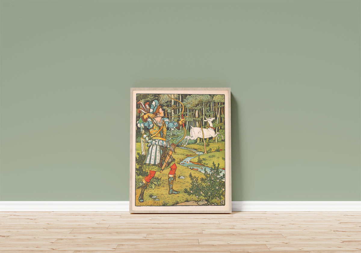 Framed art print of Beauty and the Beast: Plate 16 by Walter Crane, in a light wood frame leaning on a sage green wall above a wooden floor