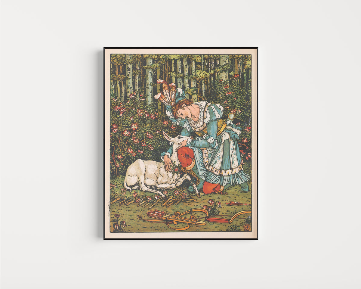 Framed art print of Beauty and the Beast: Plate 17 by Walter Crane, in a slim black frame on a plain white wall