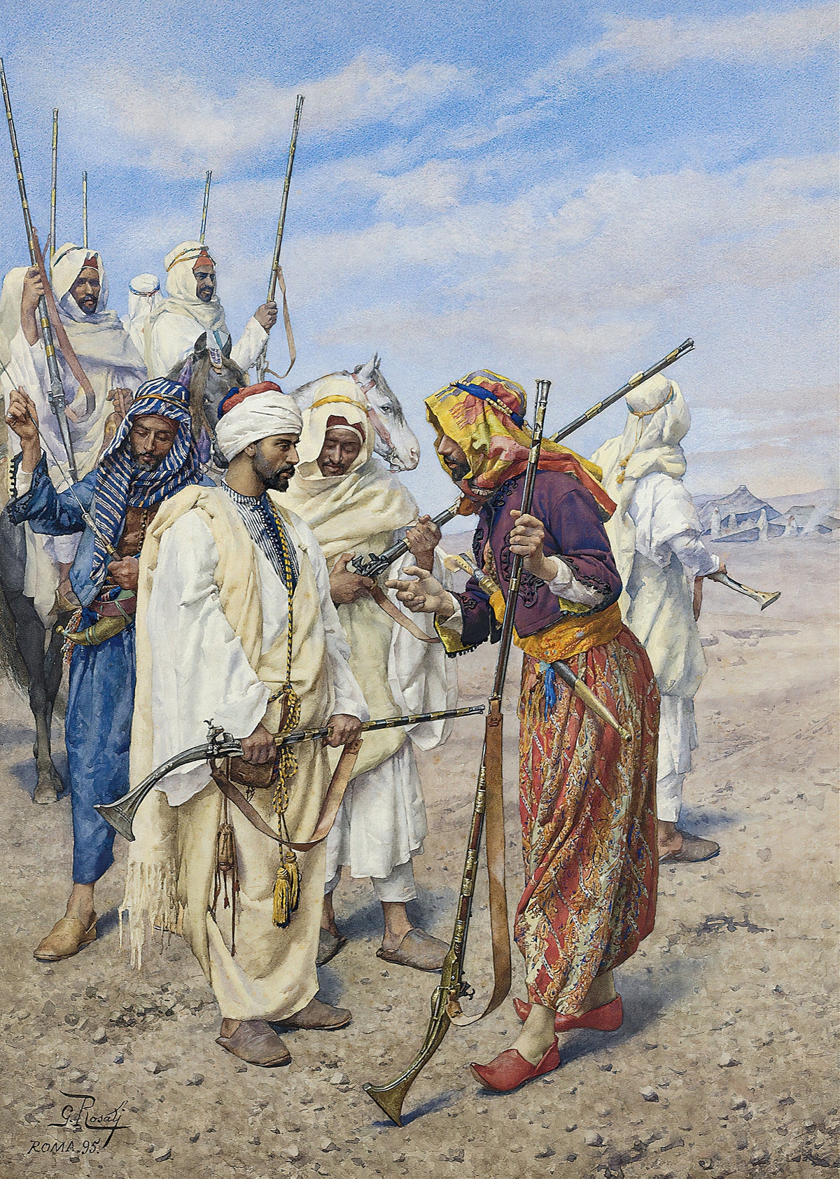 Bedouins Preparing a Raiding Party by Giulio Rosati — Robed horsemen gather with long guns on a pale desert plain