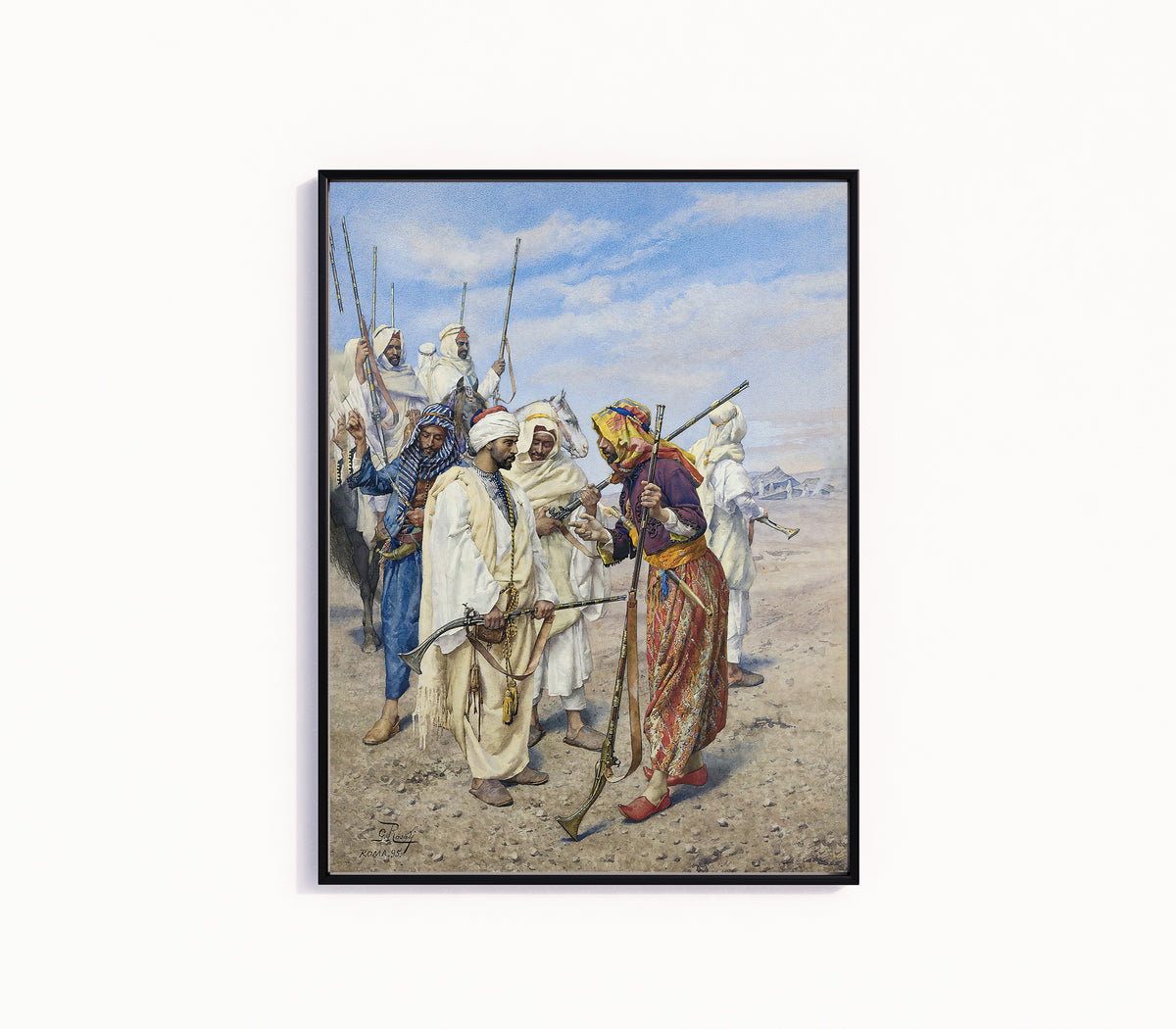 Framed art print of Bedouins Preparing a Raiding Party by Giulio Rosati, in a slim black frame on a plain white wall