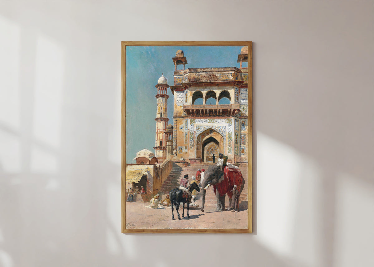 Framed art print of Before the Great Jami Masjid Mosque, Mathura, India by Edwin Lord Weeks, in a light wood frame on a sunlit white wall