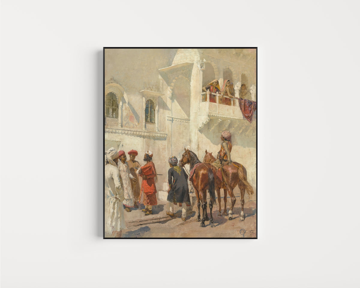 Framed art print of Before the Hunt by Edwin Lord Weeks, in a slim black frame on a plain white wall